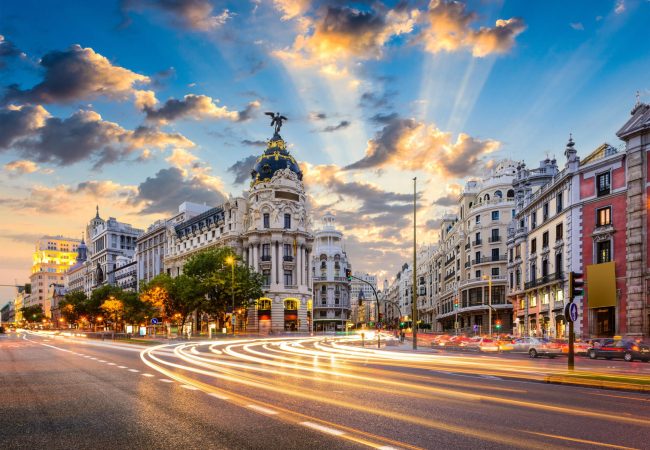 Madrid, Spain cityscape at Calle de Alcala and Gran Via.